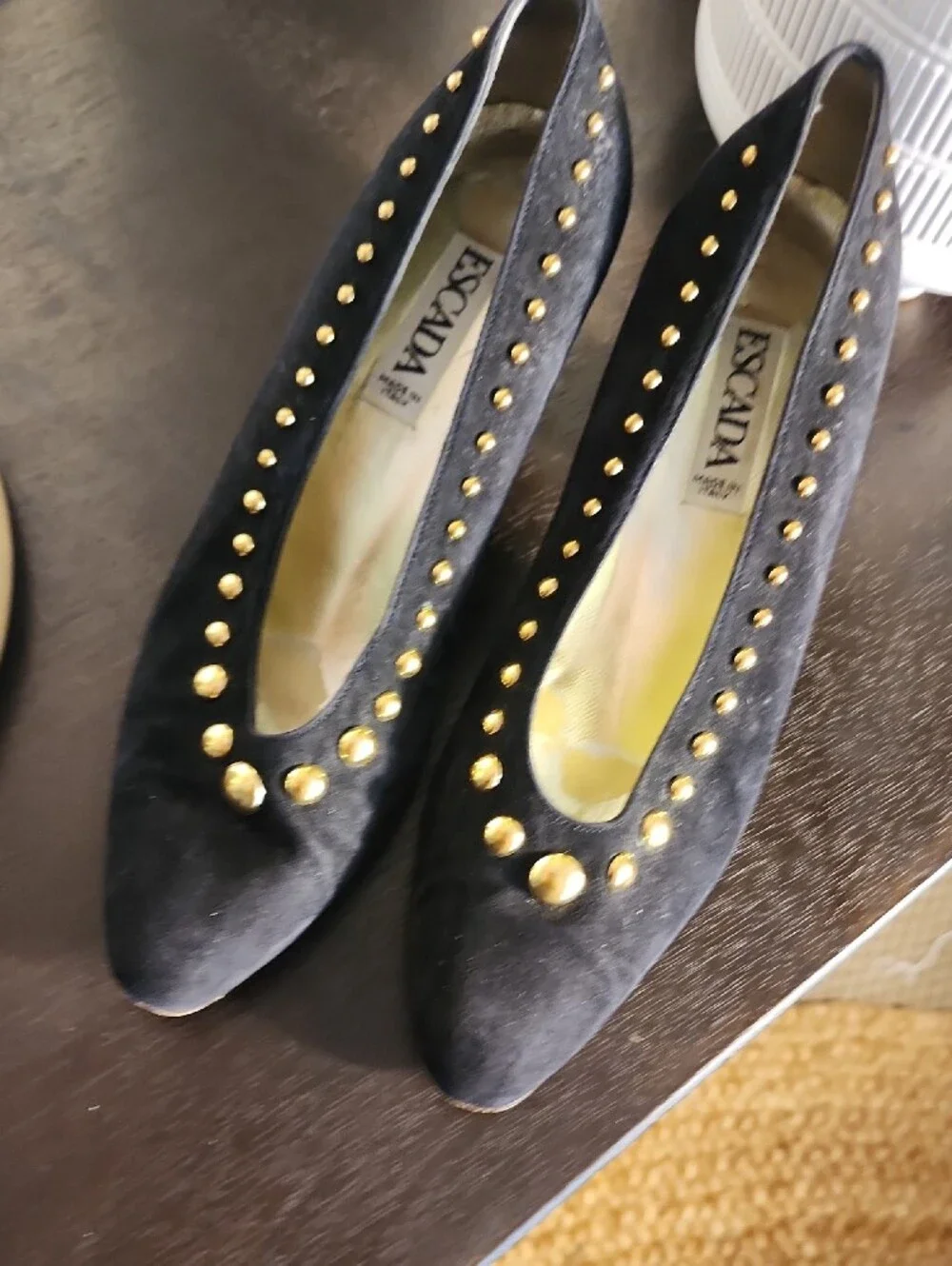 Escada Black Suede Pumps with Gold Stud Detailing
